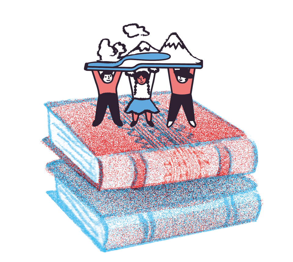 Comunidades sosteniendo un territorio sobre libros, ilustración original